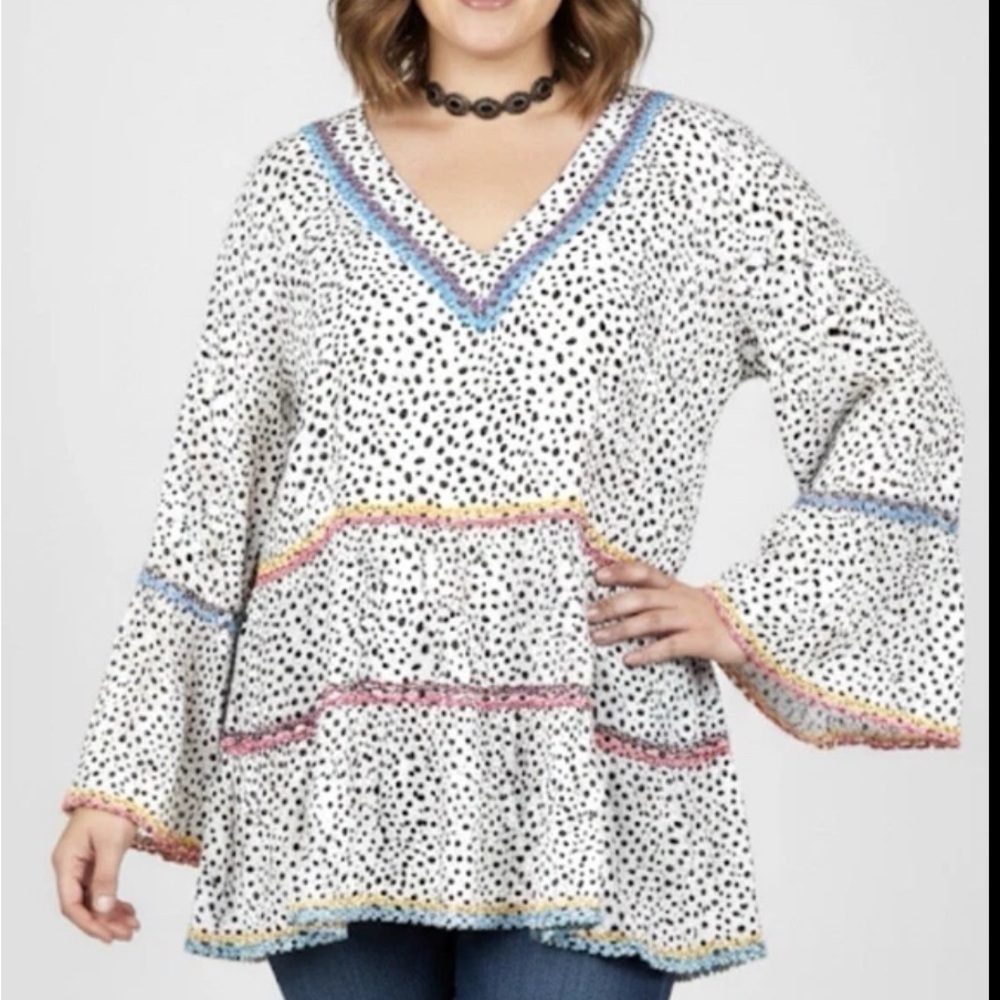 Savanna Jane Blouse Women 2XL Embroidered Polka Dot Bell Sleeve Shirt Top Boho